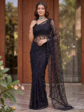 Beautiful Black Sequins Net Reception Wear Saree With Blouse
