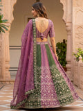 Terrific Green And Purple Embroidered Chinon Marriage Wear Lehenga Choli