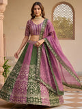 Terrific Green And Purple Embroidered Chinon Marriage Wear Lehenga Choli
