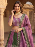 Terrific Green And Purple Embroidered Chinon Marriage Wear Lehenga Choli