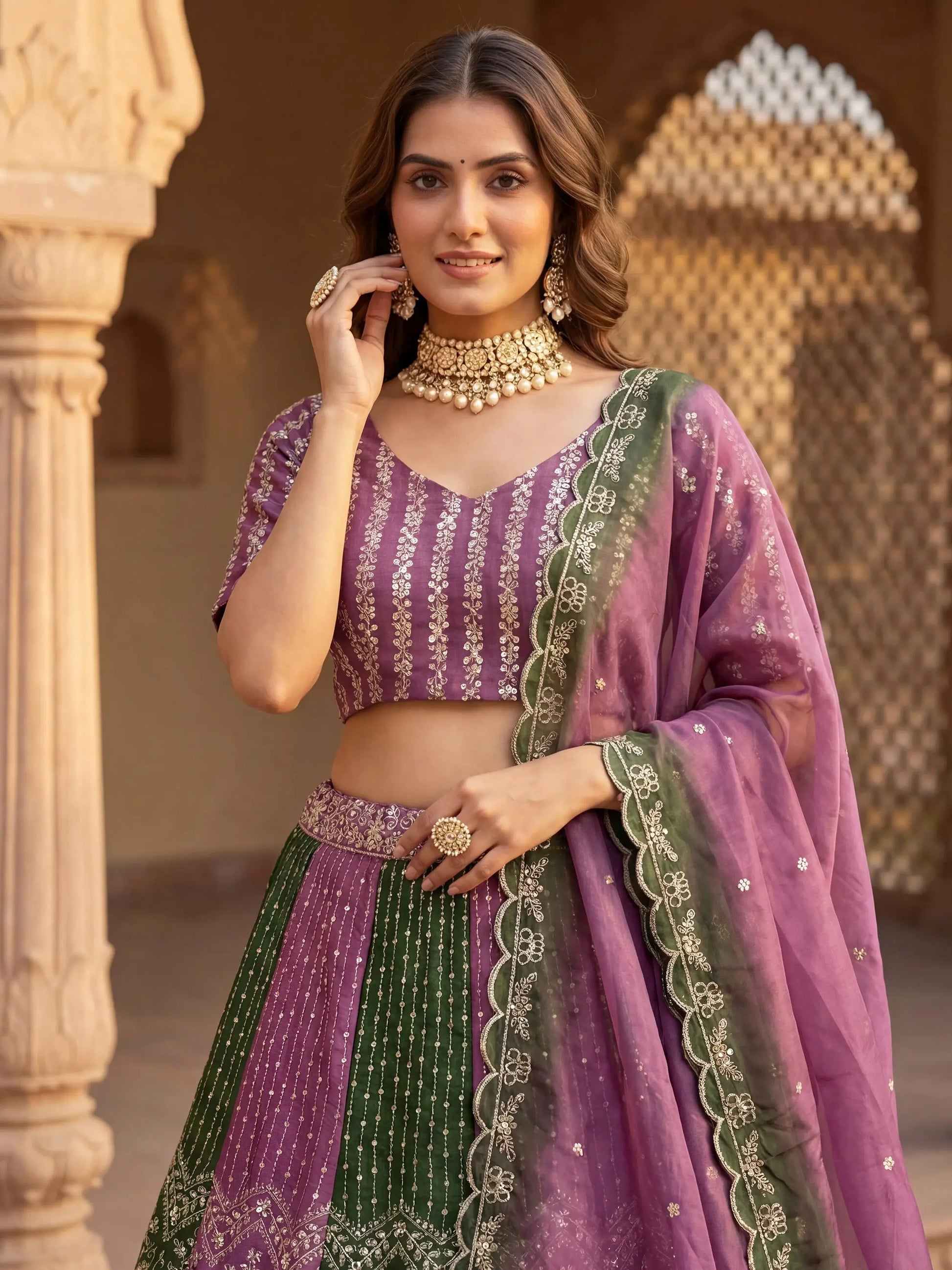 Terrific Green And Purple Embroidered Chinon Marriage Wear Lehenga Choli