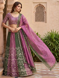 Terrific Green And Purple Embroidered Chinon Marriage Wear Lehenga Choli