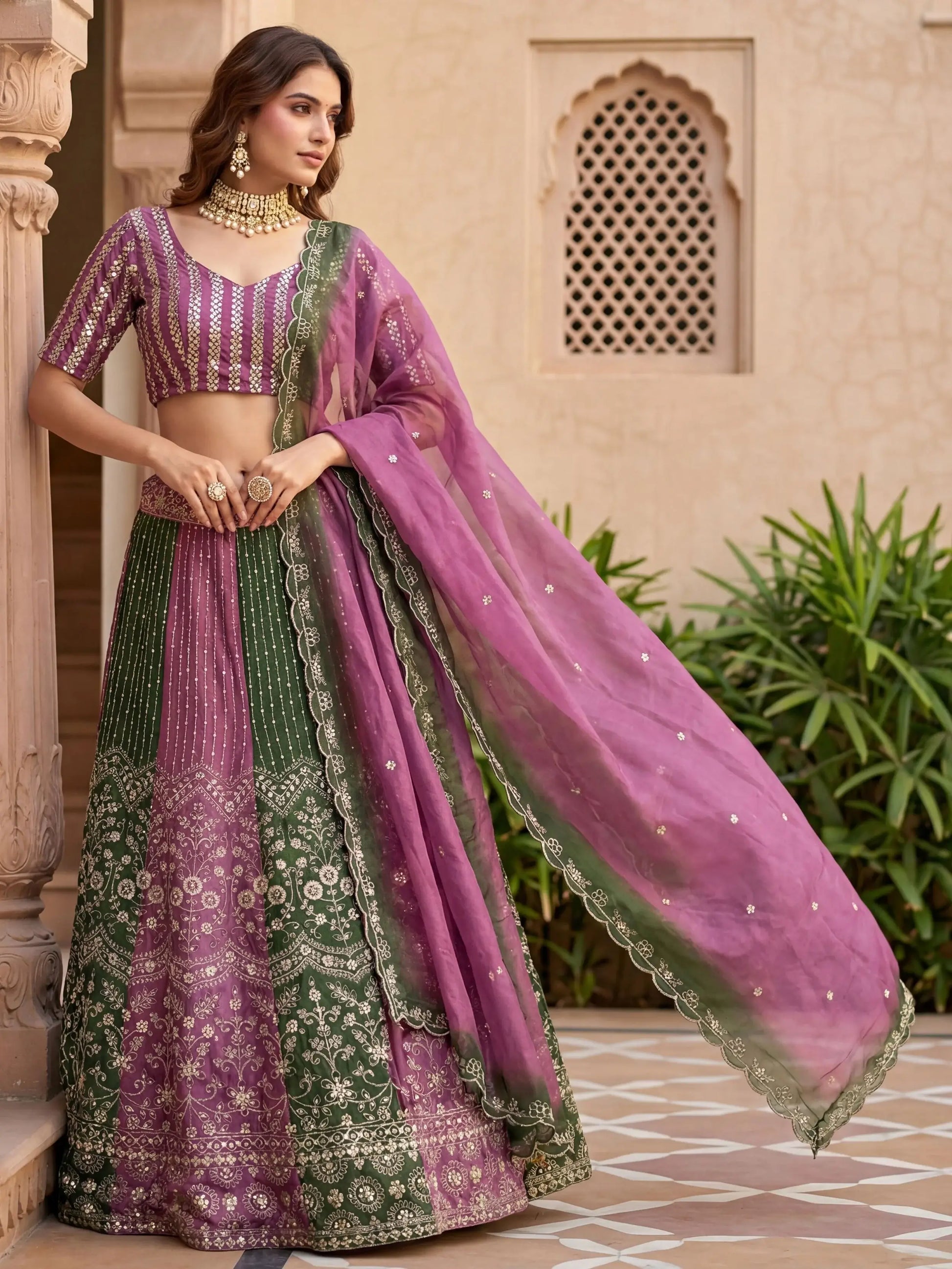 Terrific Green And Purple Embroidered Chinon Marriage Wear Lehenga Choli