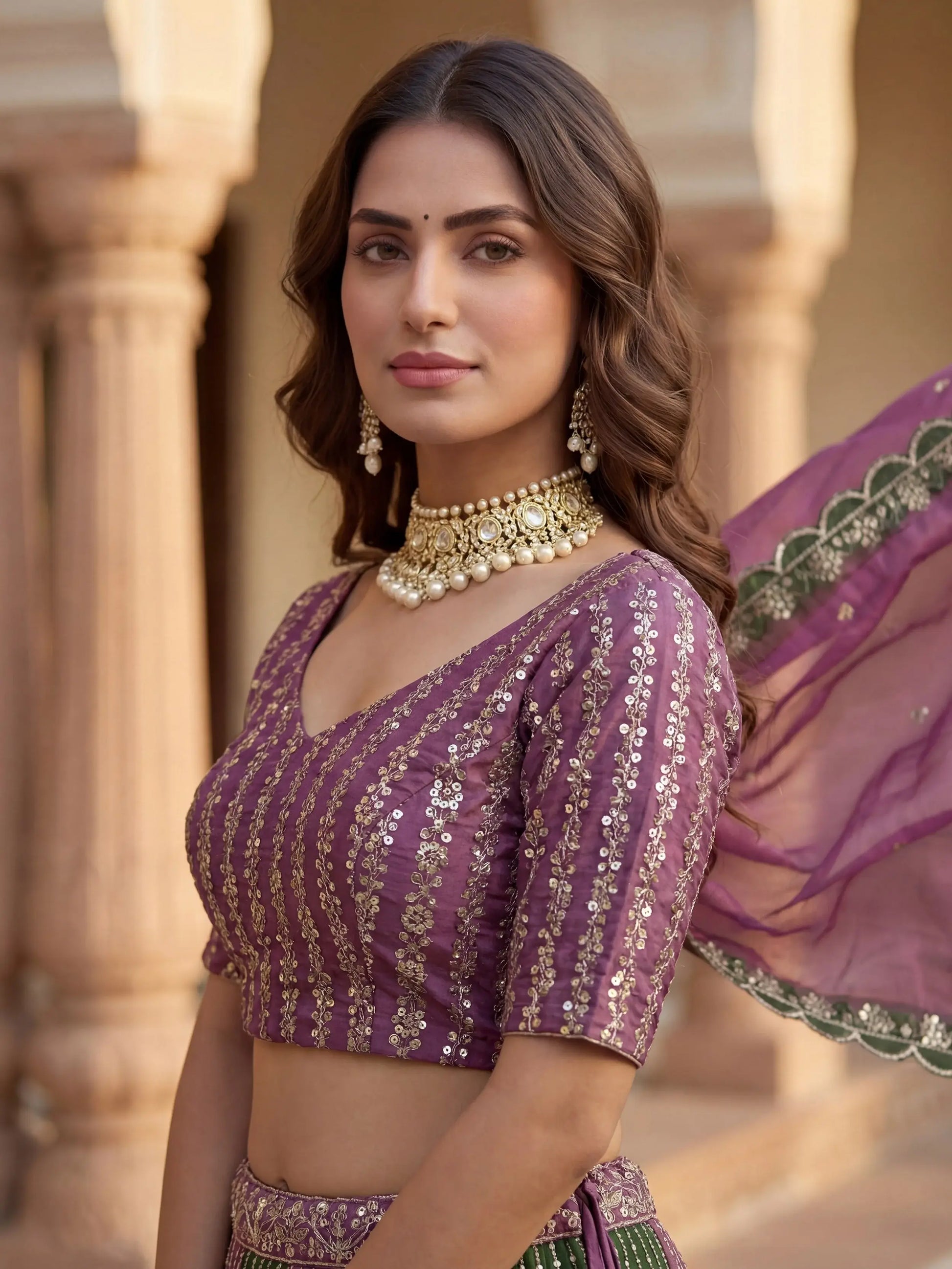 Terrific Green And Purple Embroidered Chinon Marriage Wear Lehenga Choli