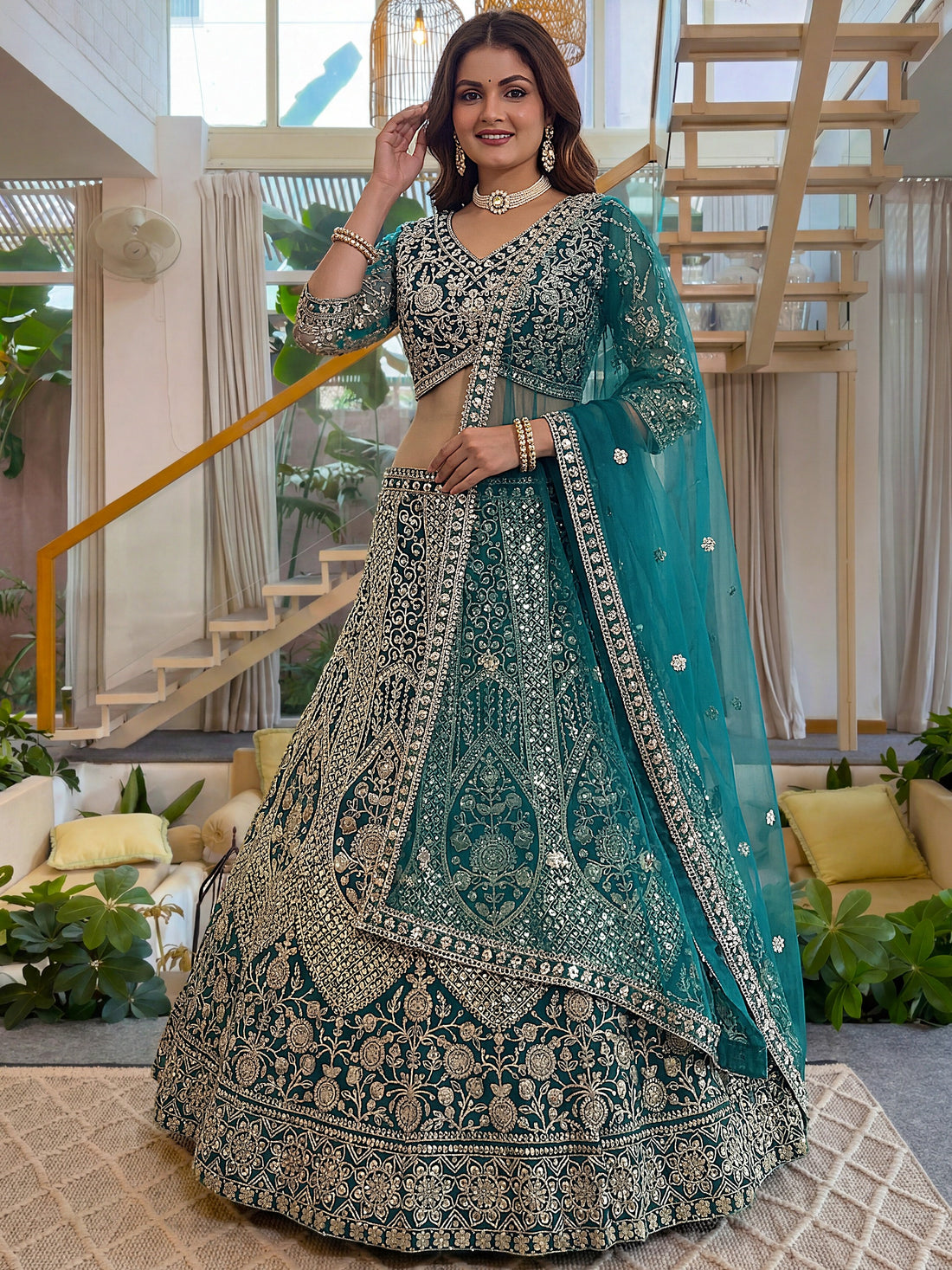 Charming Teal Green Sequins Work Net Wedding Wear Lehenga Choli With Dupatta
