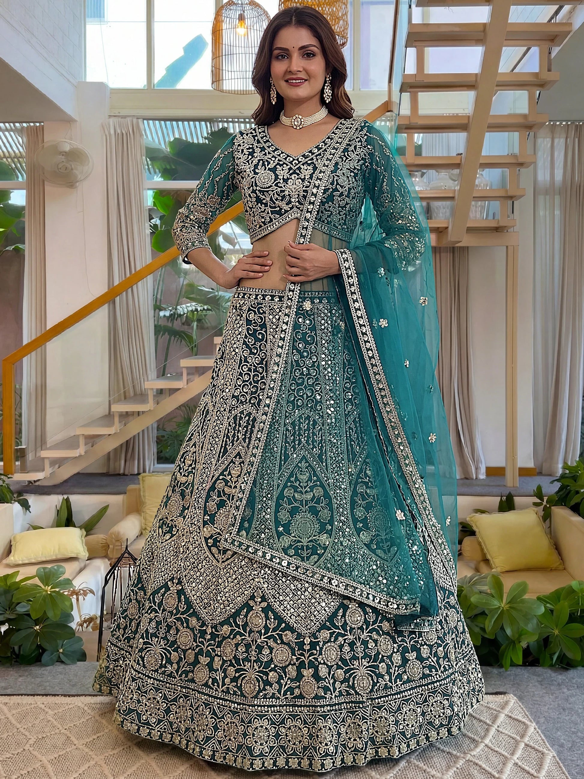 Charming Teal Green Sequins Work Net Wedding Wear Lehenga Choli With Dupatta