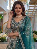 Charming Teal Green Sequins Work Net Wedding Wear Lehenga Choli With Dupatta