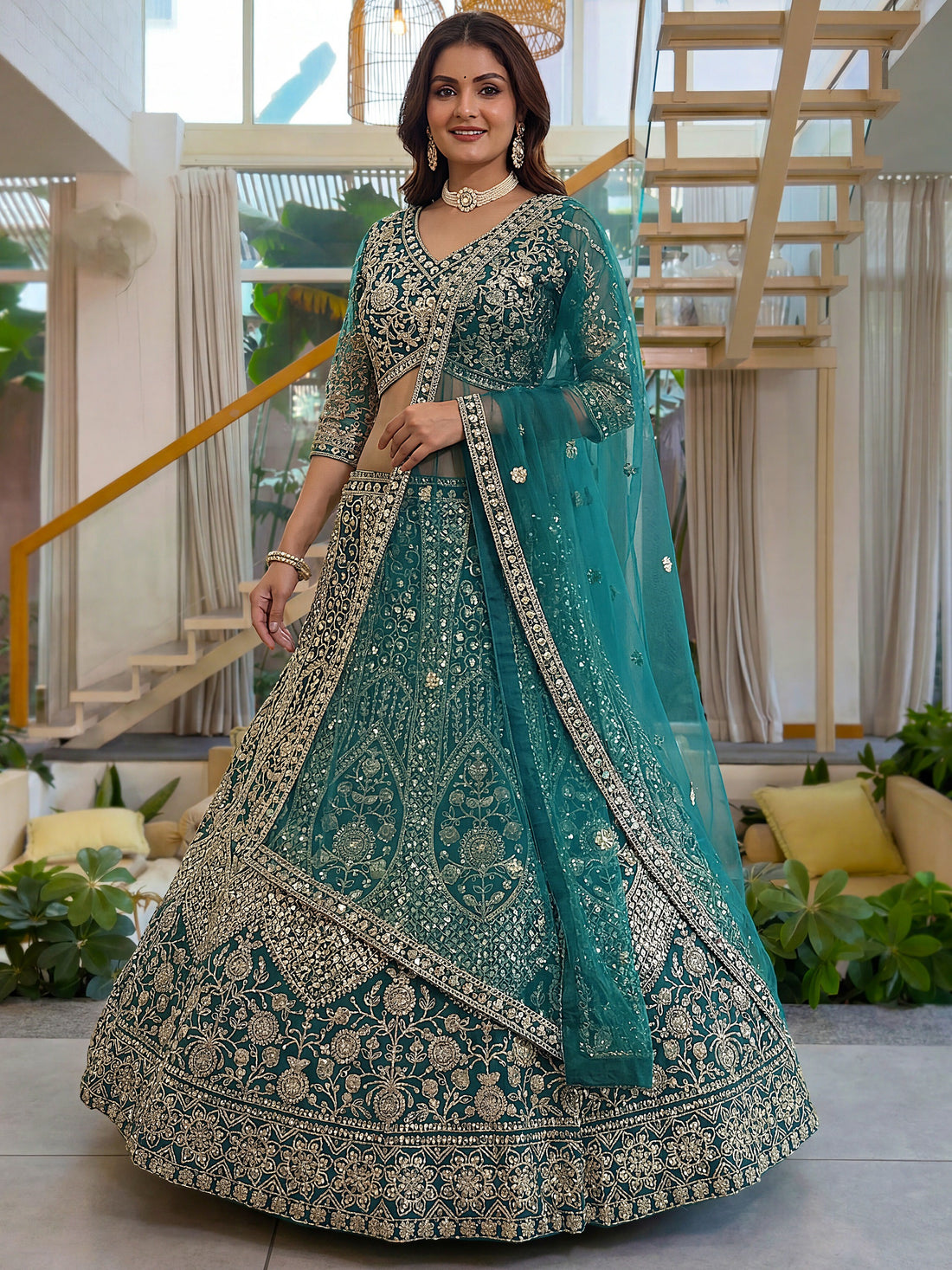 Charming Teal Green Sequins Work Net Wedding Wear Lehenga Choli With Dupatta