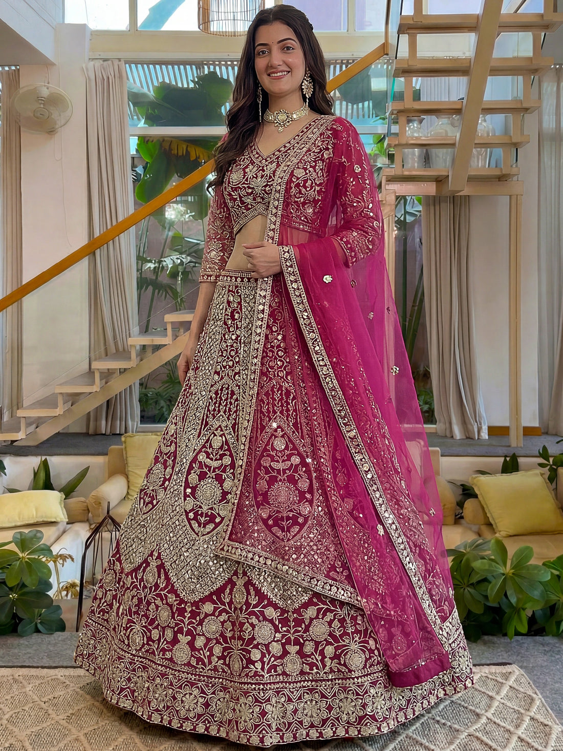 Attractive Rani Pink Embroidery Net Bridesmaid Wear Lehenga Choli With Dupatta