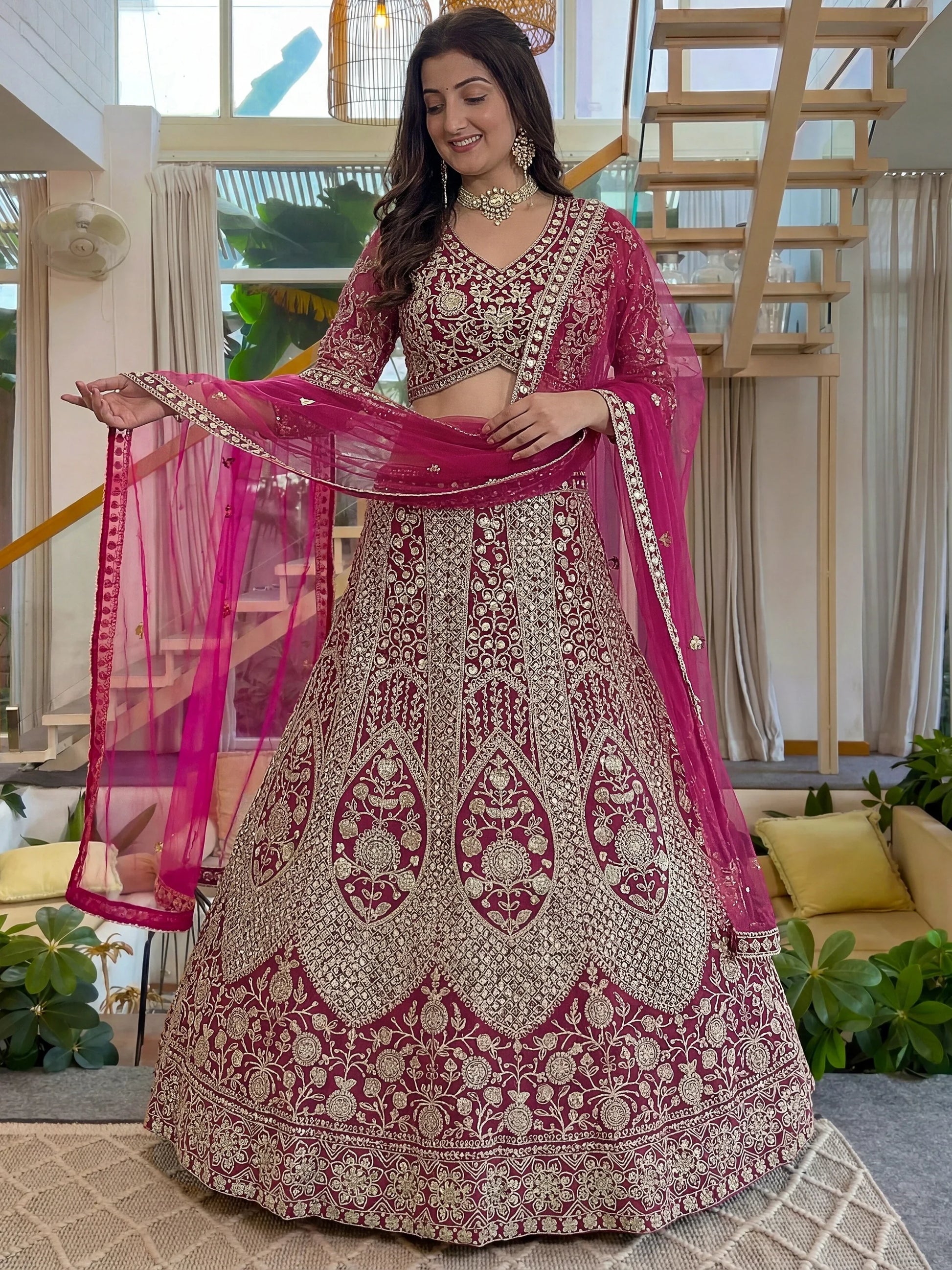 Attractive Rani Pink Embroidery Net Bridesmaid Wear Lehenga Choli With Dupatta