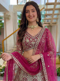 Attractive Rani Pink Embroidery Net Bridesmaid Wear Lehenga Choli With Dupatta