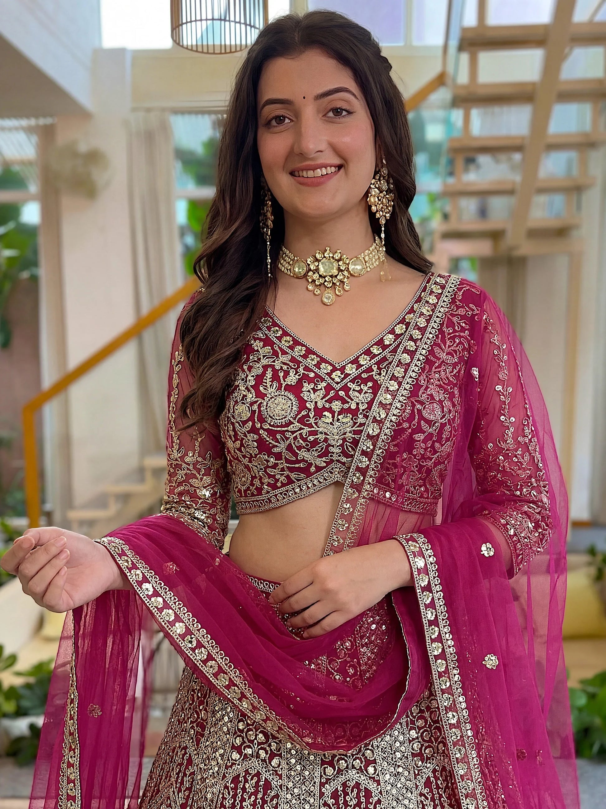 Attractive Rani Pink Embroidery Net Bridesmaid Wear Lehenga Choli With Dupatta