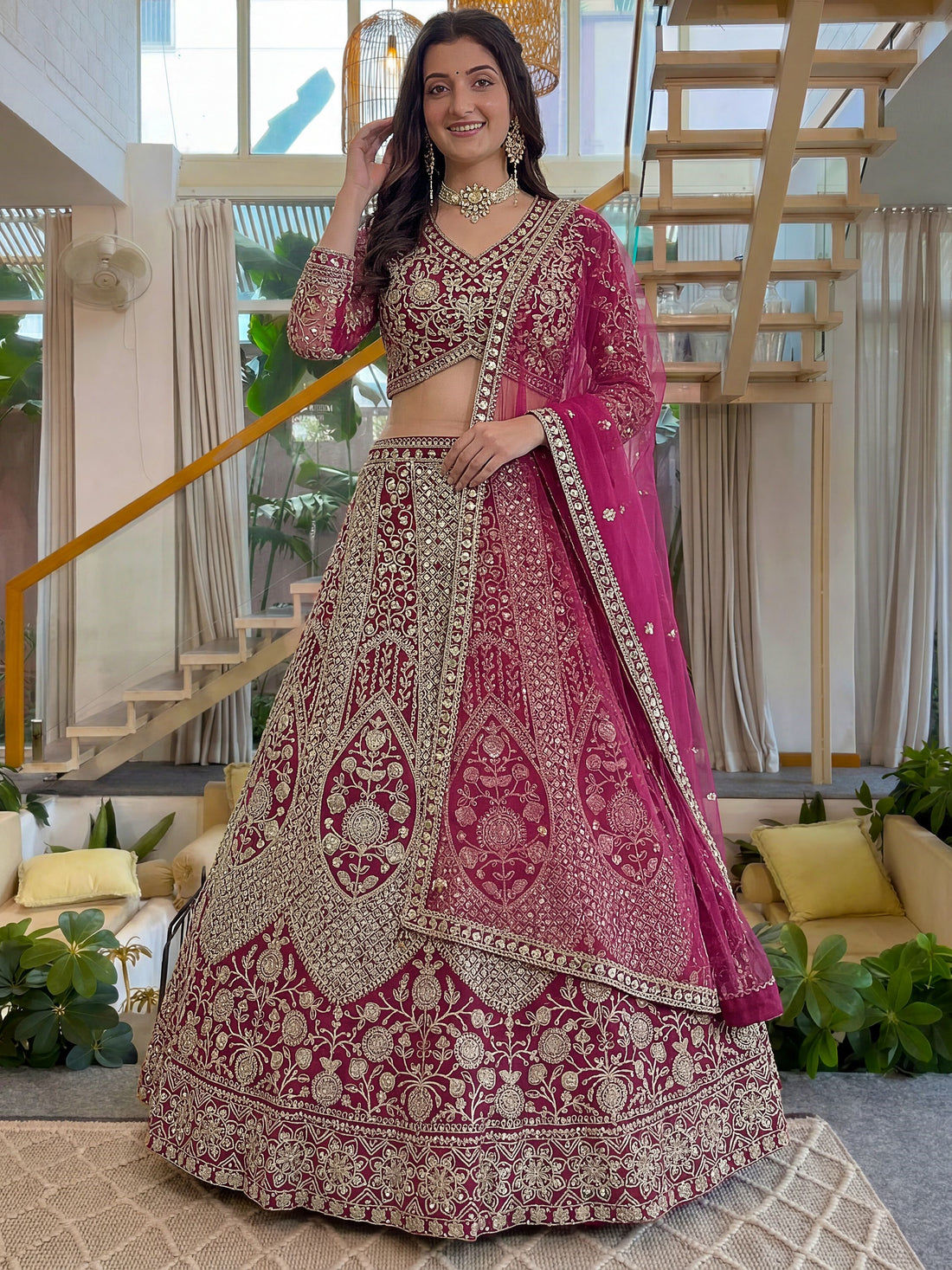 Attractive Rani Pink Embroidery Net Bridesmaid Wear Lehenga Choli With Dupatta
