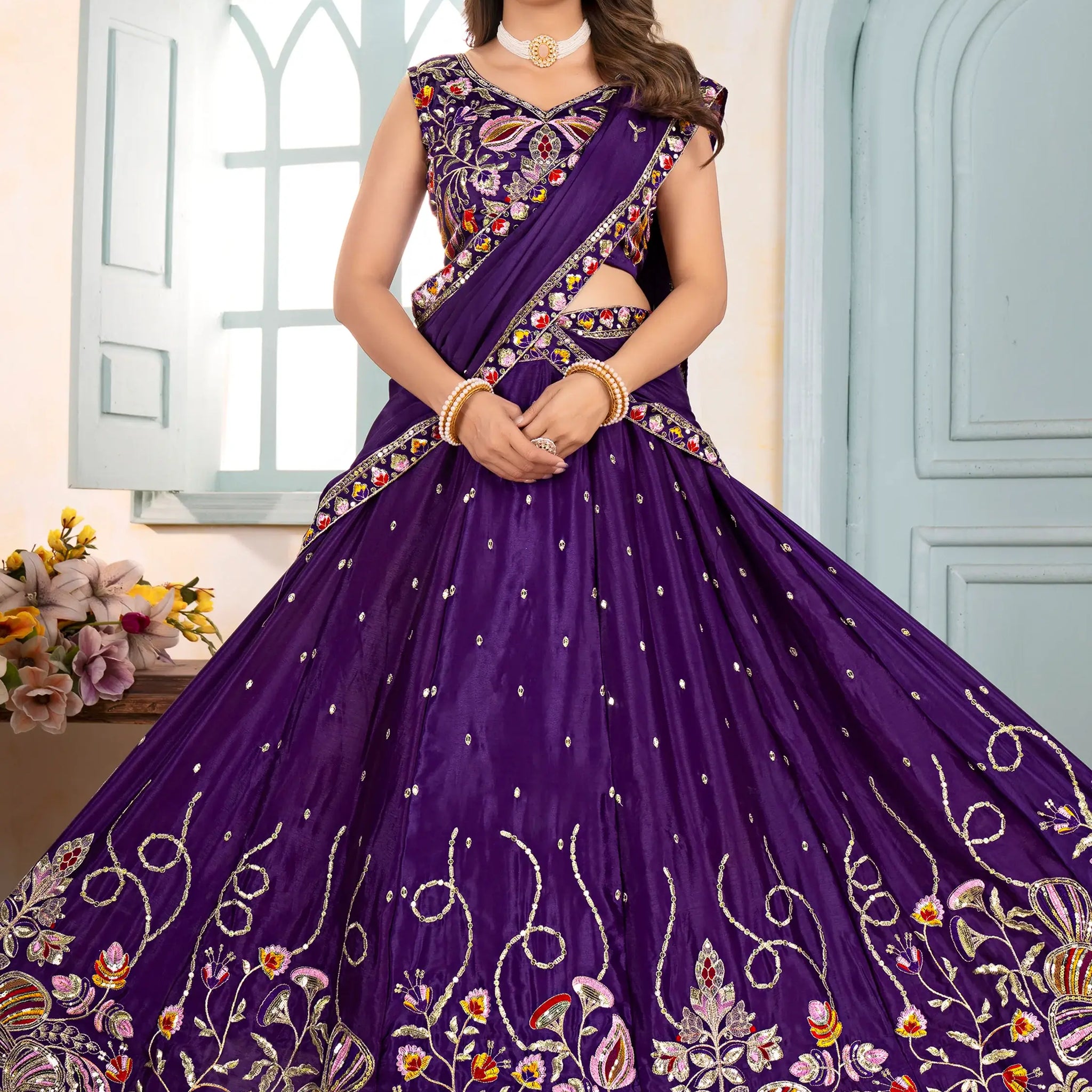 Splendid Purple Thread Embroidery Chinon Festive Wear Lehenga Choli