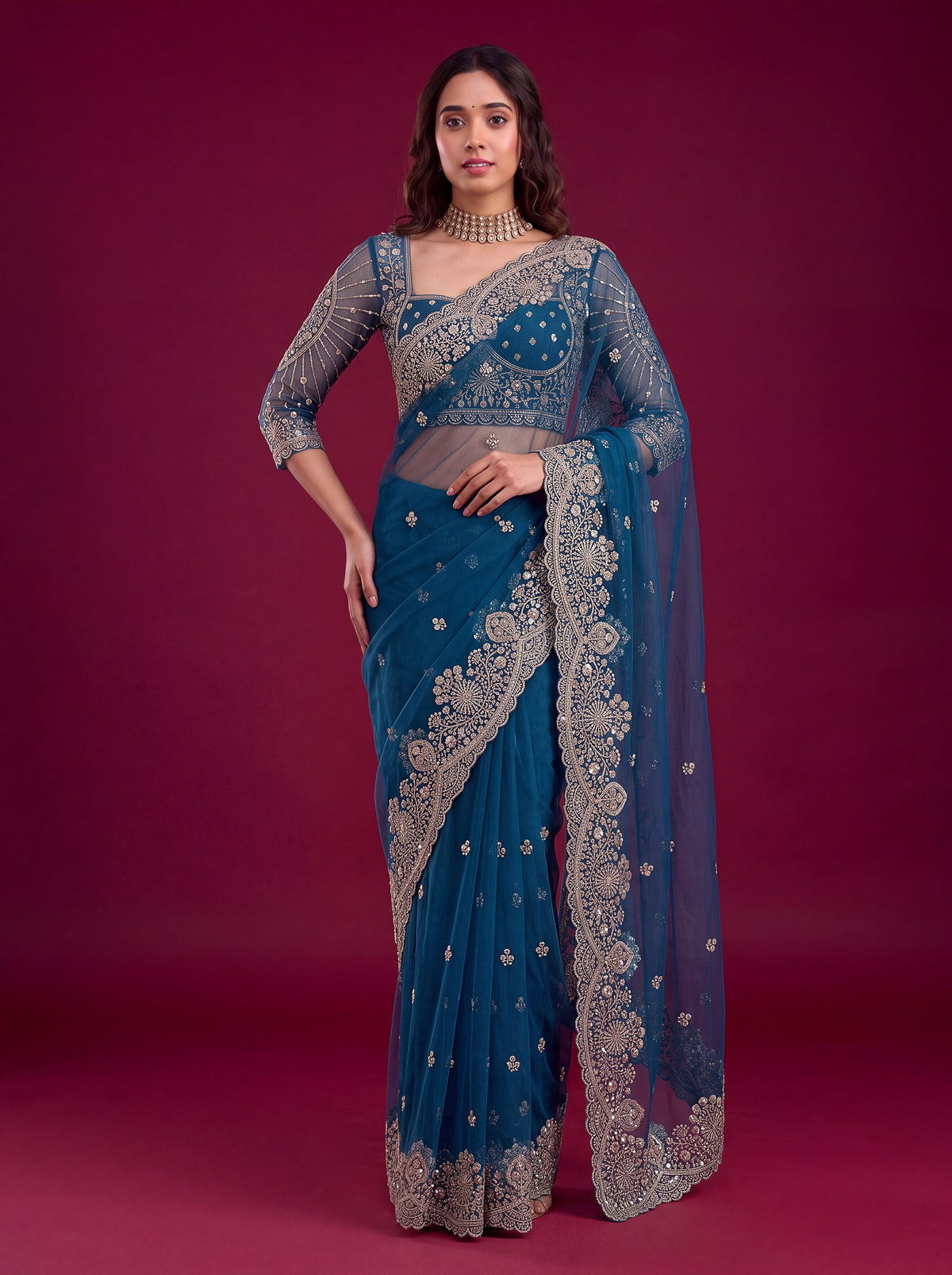 Elegant Teal Blue Sequins Work Net Reception Wear Saree