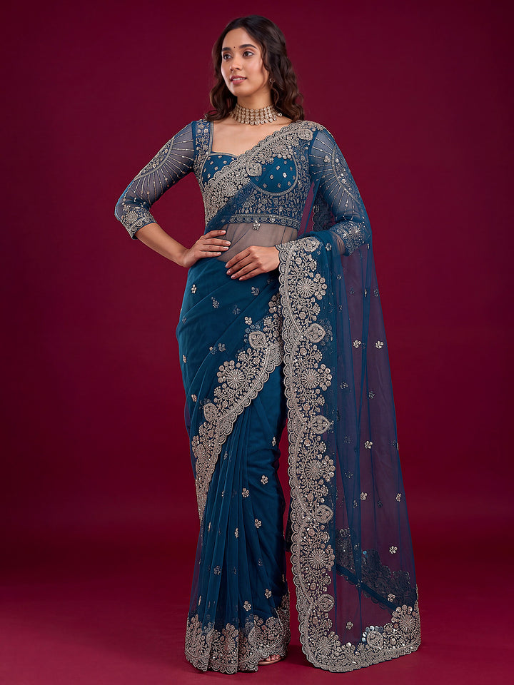 Elegant Teal Blue Sequins Work Net Reception Wear Saree