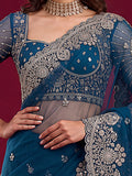 Elegant Teal Blue Sequins Work Net Reception Wear Saree