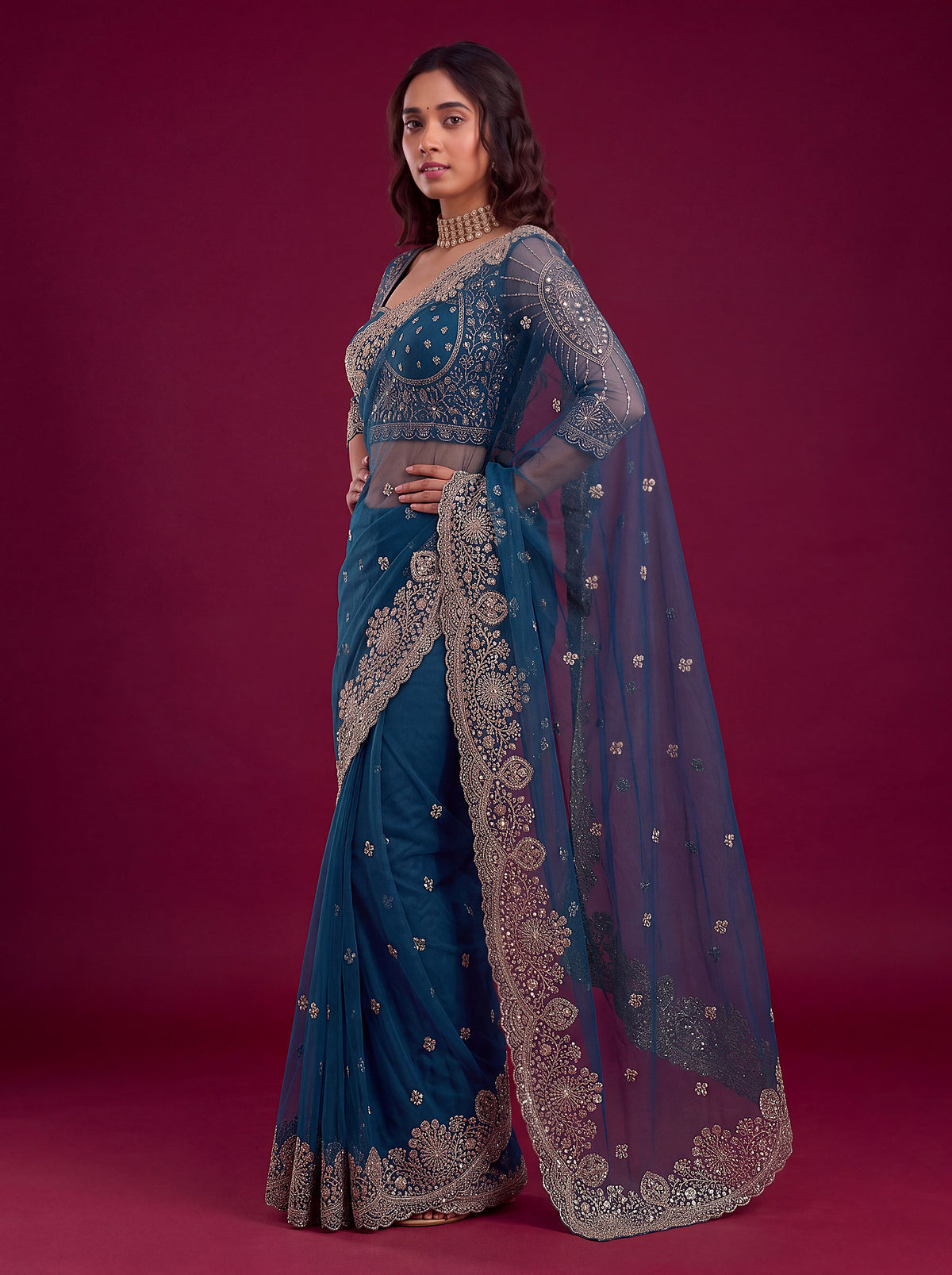 Elegant Teal Blue Sequins Work Net Reception Wear Saree