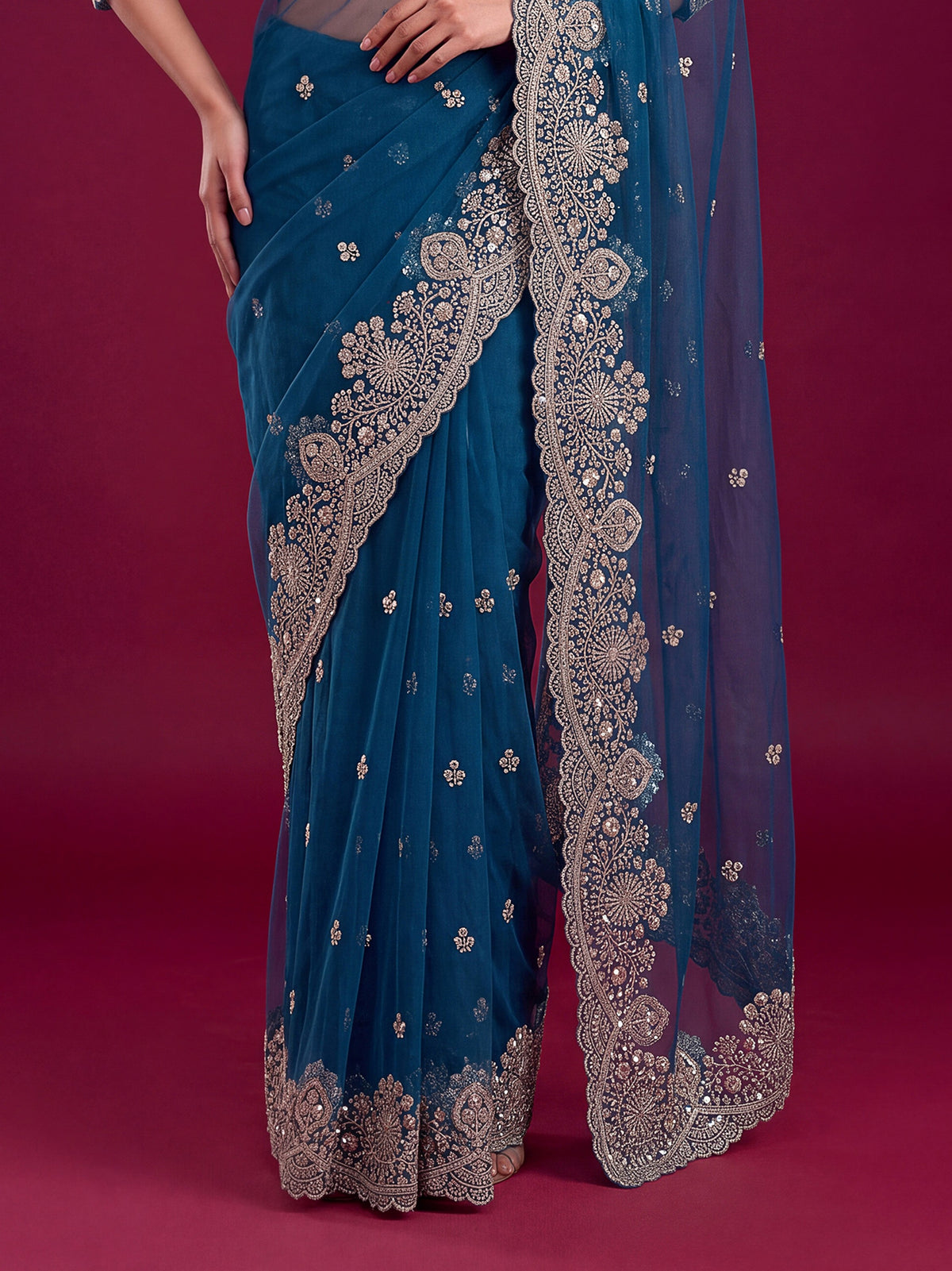 Elegant Teal Blue Sequins Work Net Reception Wear Saree
