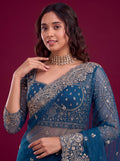 Elegant Teal Blue Sequins Work Net Reception Wear Saree