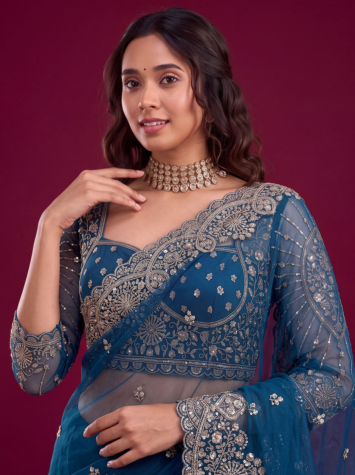 Elegant Teal Blue Sequins Work Net Reception Wear Saree