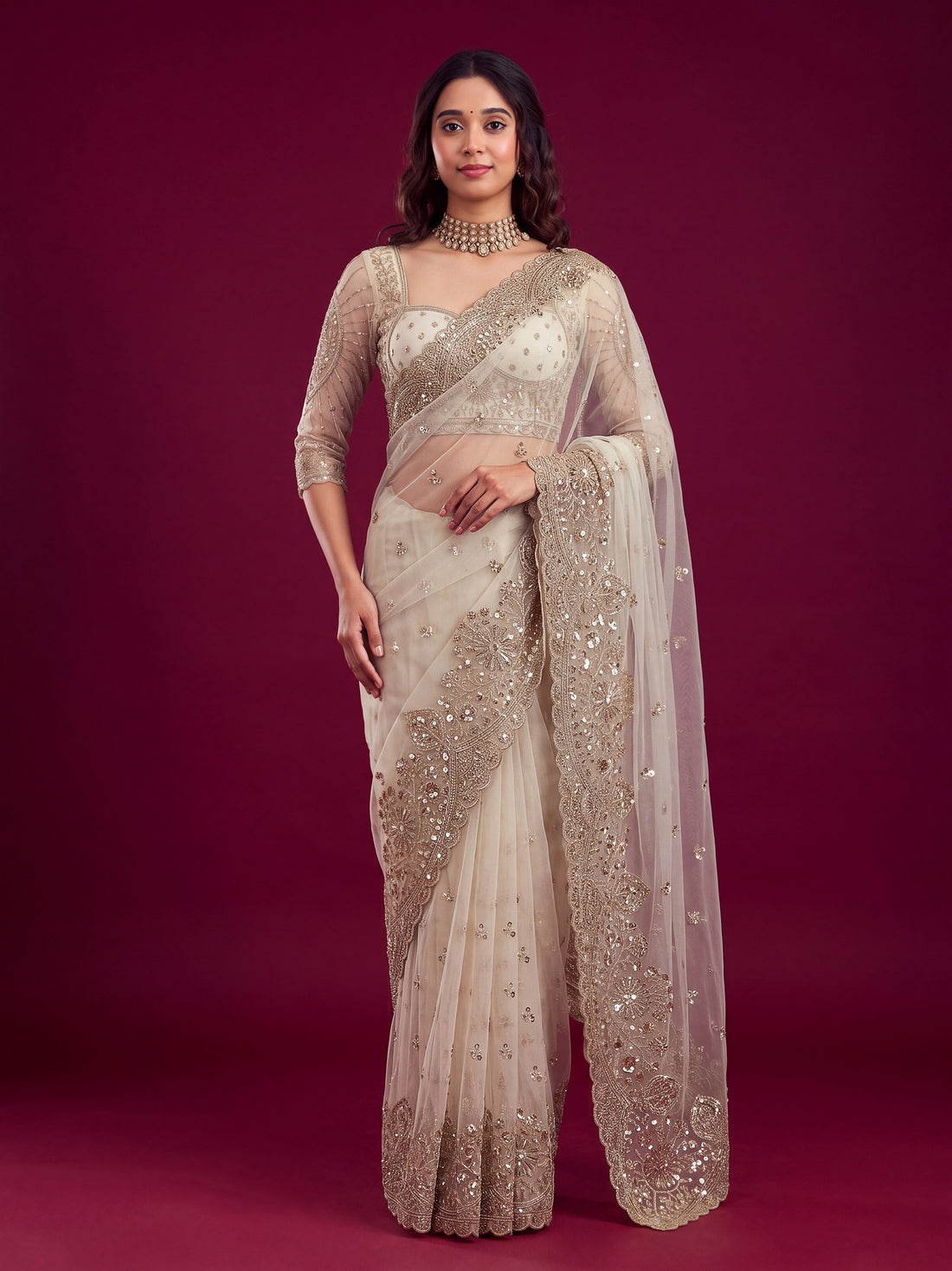 Fashionable White Sequin Work Net Reception Wear Saree With Blouse