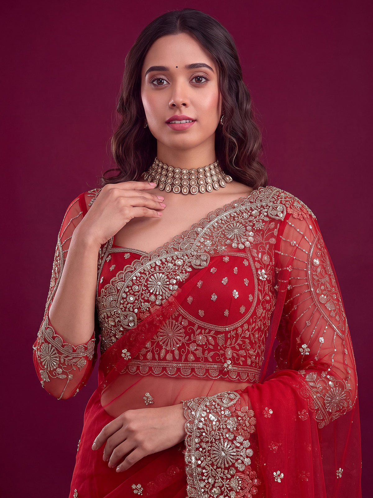 Lovable Red Sequin Work Net Reception Wear Bridal Saree