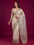 Fashionable White Sequin Work Net Reception Wear Saree With Blouse