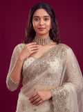 Fashionable White Sequin Work Net Reception Wear Saree With Blouse