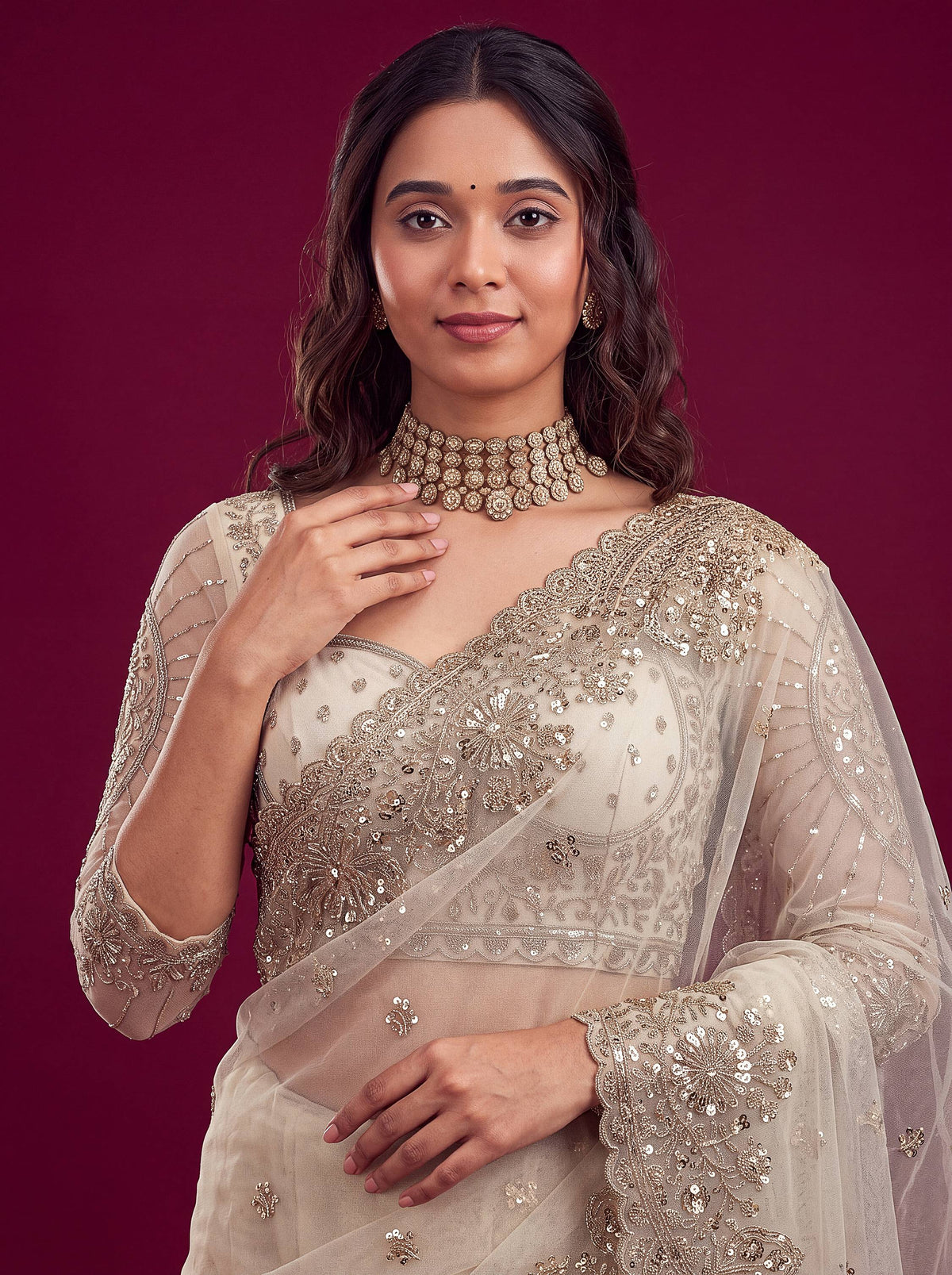 Fashionable White Sequin Work Net Reception Wear Saree With Blouse