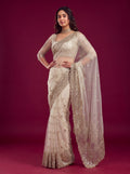 Fashionable White Sequin Work Net Reception Wear Saree With Blouse