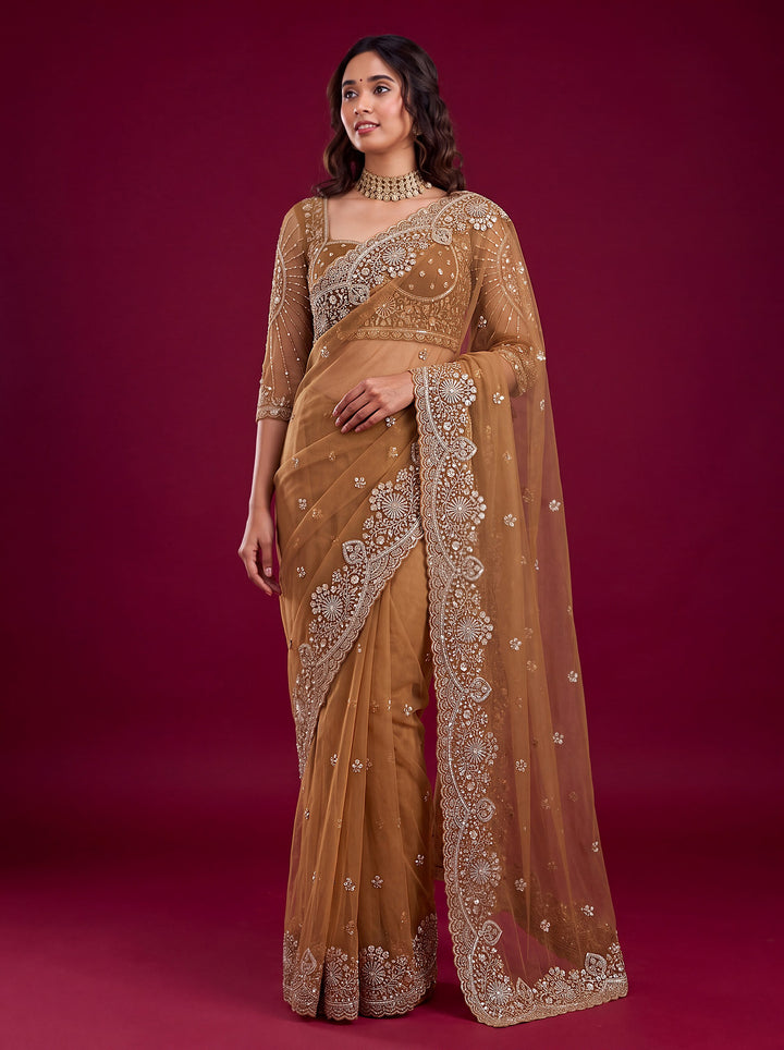 Elegant Brown Sequin Work Net Reception Wear Saree With Blouse