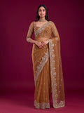 Elegant Brown Sequin Work Net Reception Wear Saree With Blouse