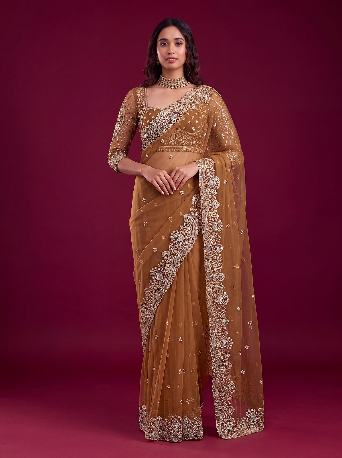 Elegant Brown Sequin Work Net Reception Wear Saree With Blouse