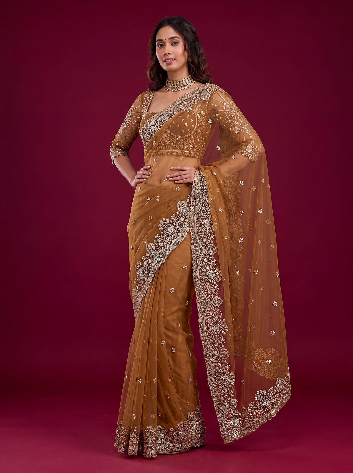 Elegant Brown Sequin Work Net Reception Wear Saree With Blouse
