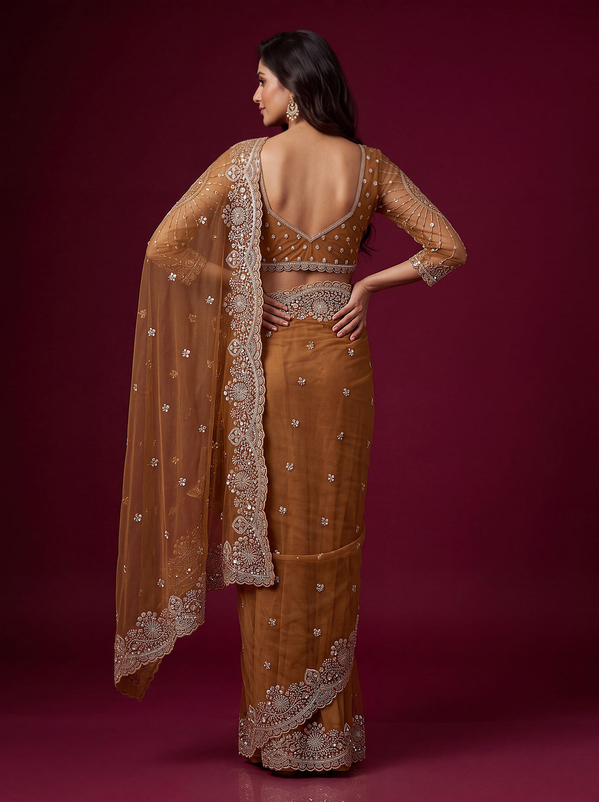 Elegant Brown Sequin Work Net Reception Wear Saree With Blouse