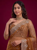 Elegant Brown Sequin Work Net Reception Wear Saree With Blouse