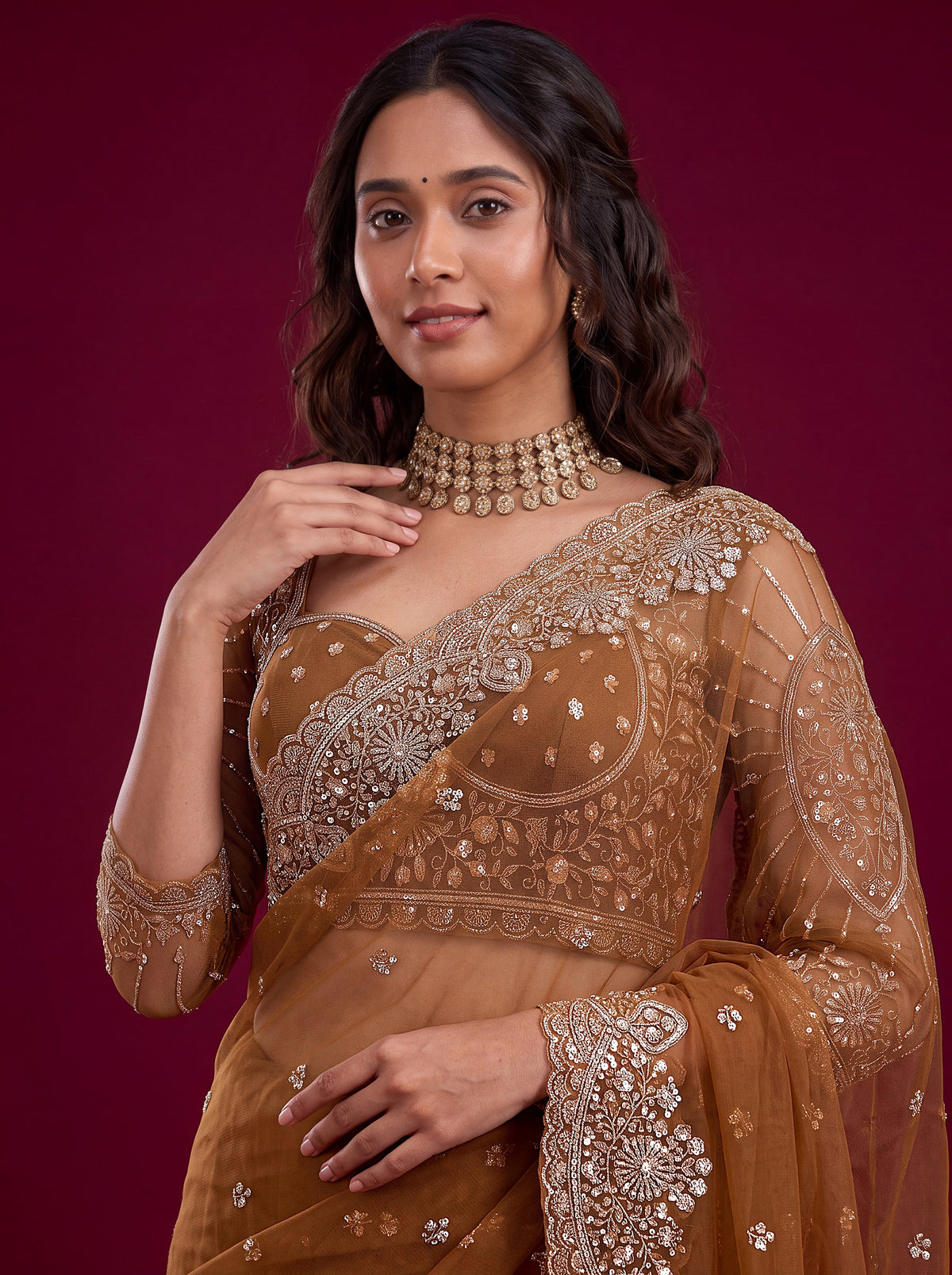 Elegant Brown Sequin Work Net Reception Wear Saree With Blouse