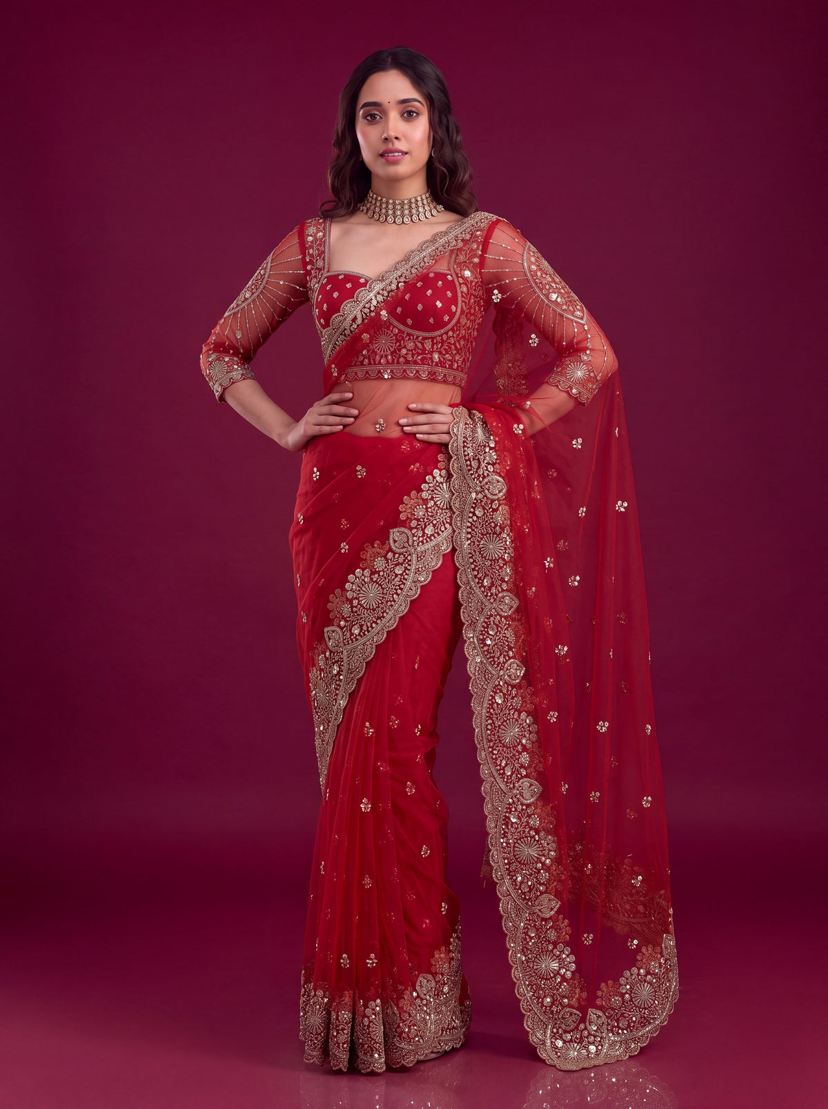 Lovable Red Sequin Work Net Reception Wear Bridal Saree