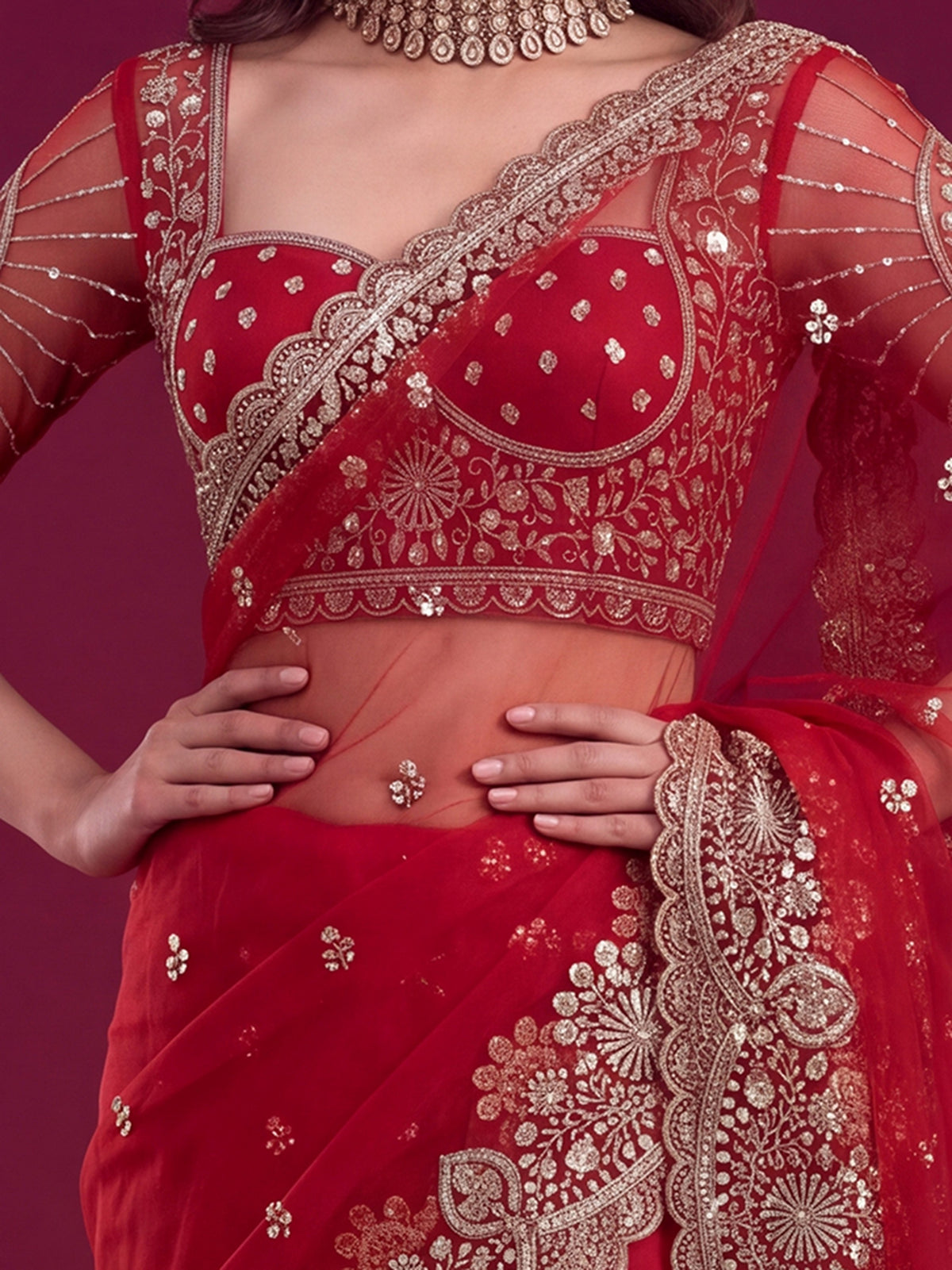 Lovable Red Sequin Work Net Reception Wear Bridal Saree