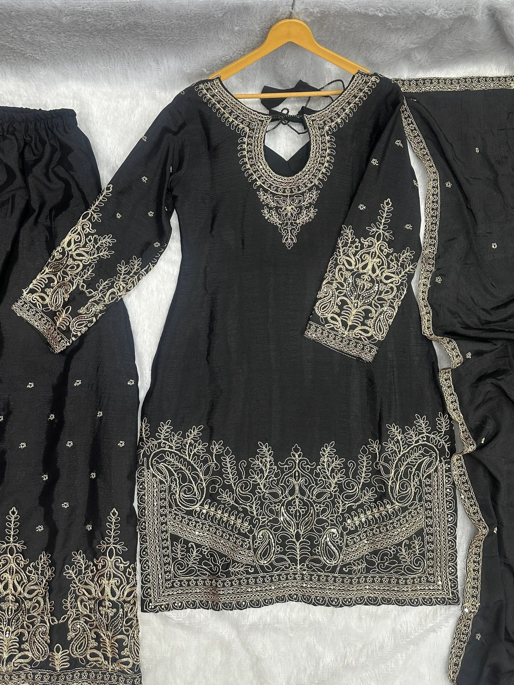 Beautiful Black Coding Embroidery Chinon Wedding Wear Palazzo Suit