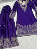 Excellent Purple Embroidered Chinon Festive Wear Palazzo Suit