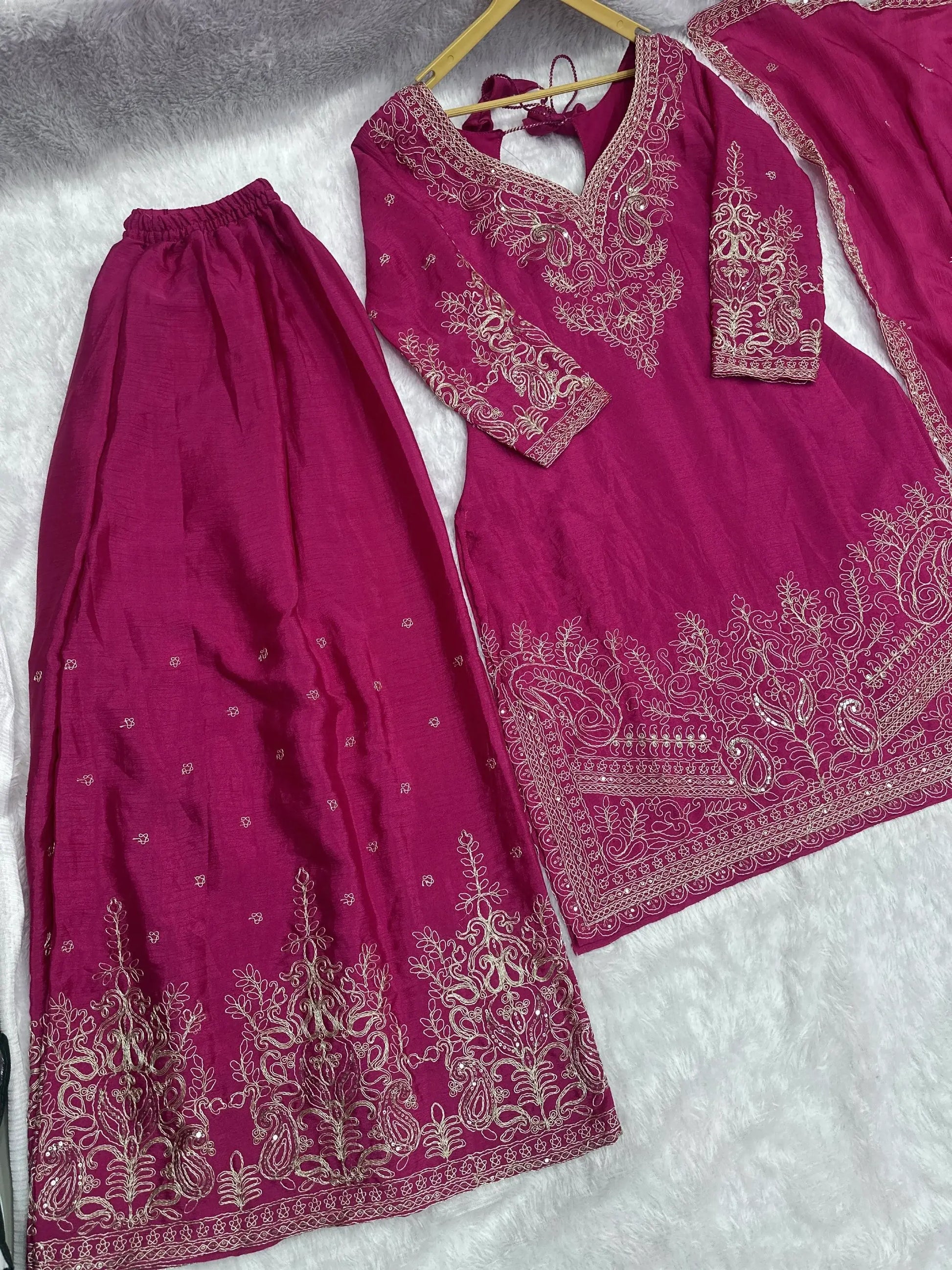 Wonderful Pink Zari Embroidered Chinon Engagement Wear Palazzo Suit