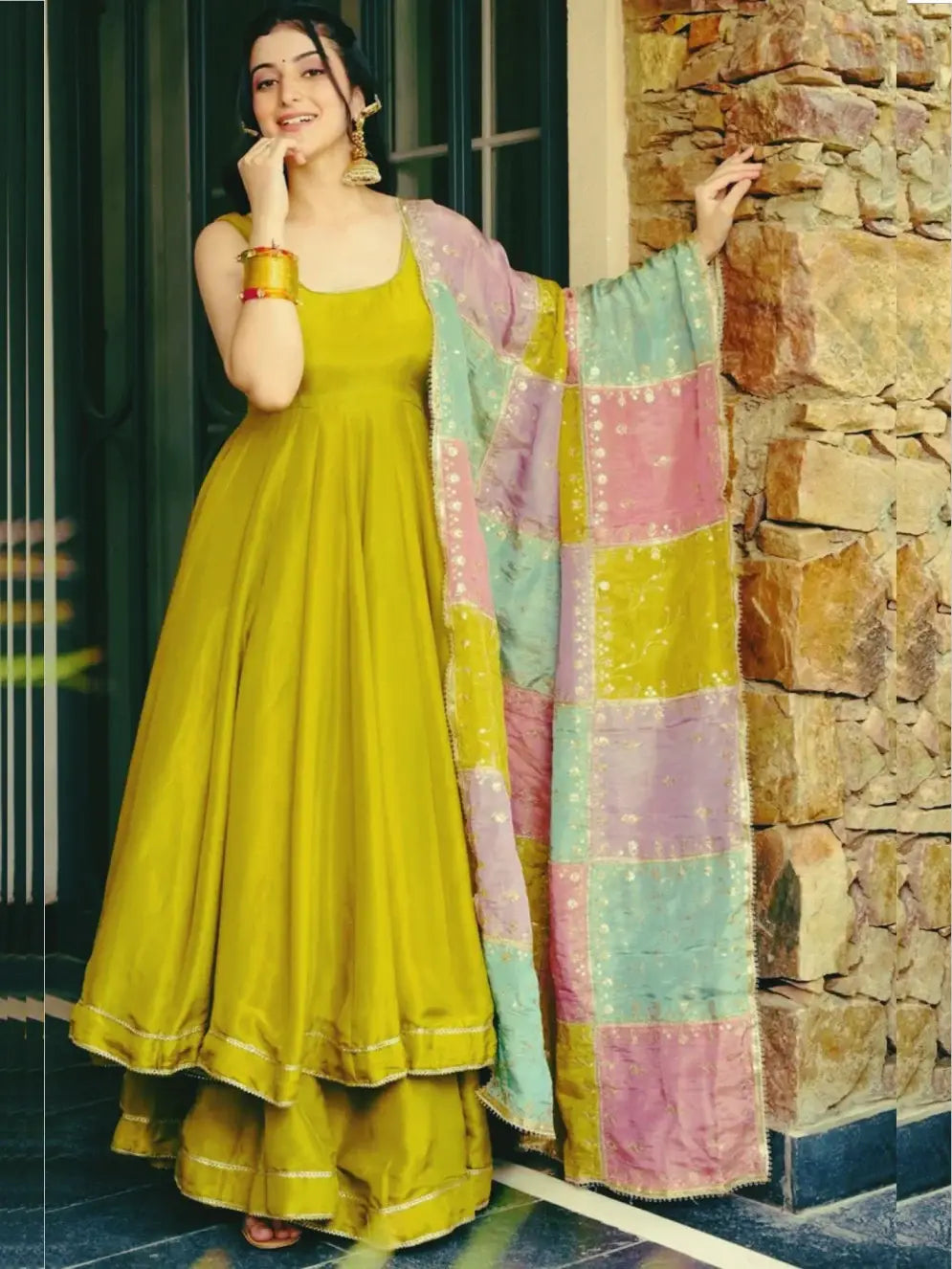 Stellar Olive Green Lace Border Roman Silk Mehendi Wear Anarkali Gown With Dupatta