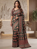 Wonderful Dark Green Ajrak Print Crepe Festive Wear Saree With Blouse