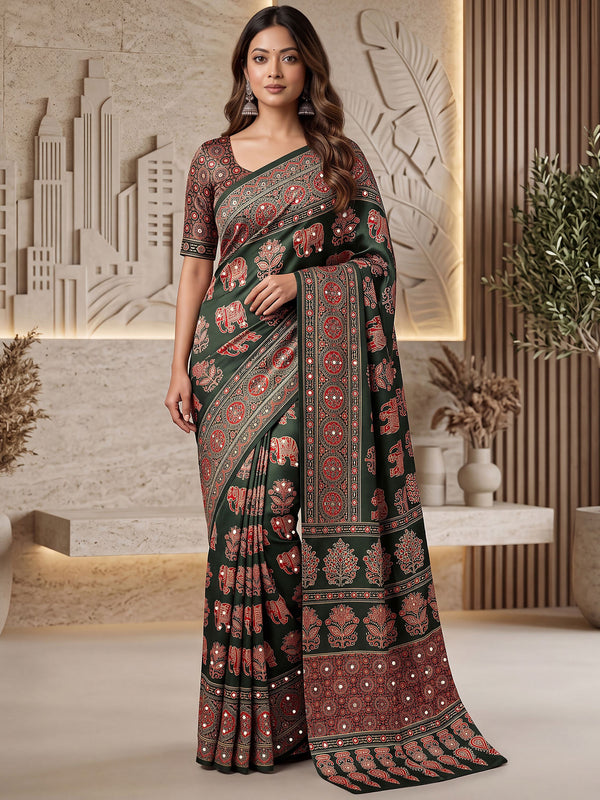 Wonderful Dark Green Ajrak Print Crepe Festive Wear Saree With Blouse