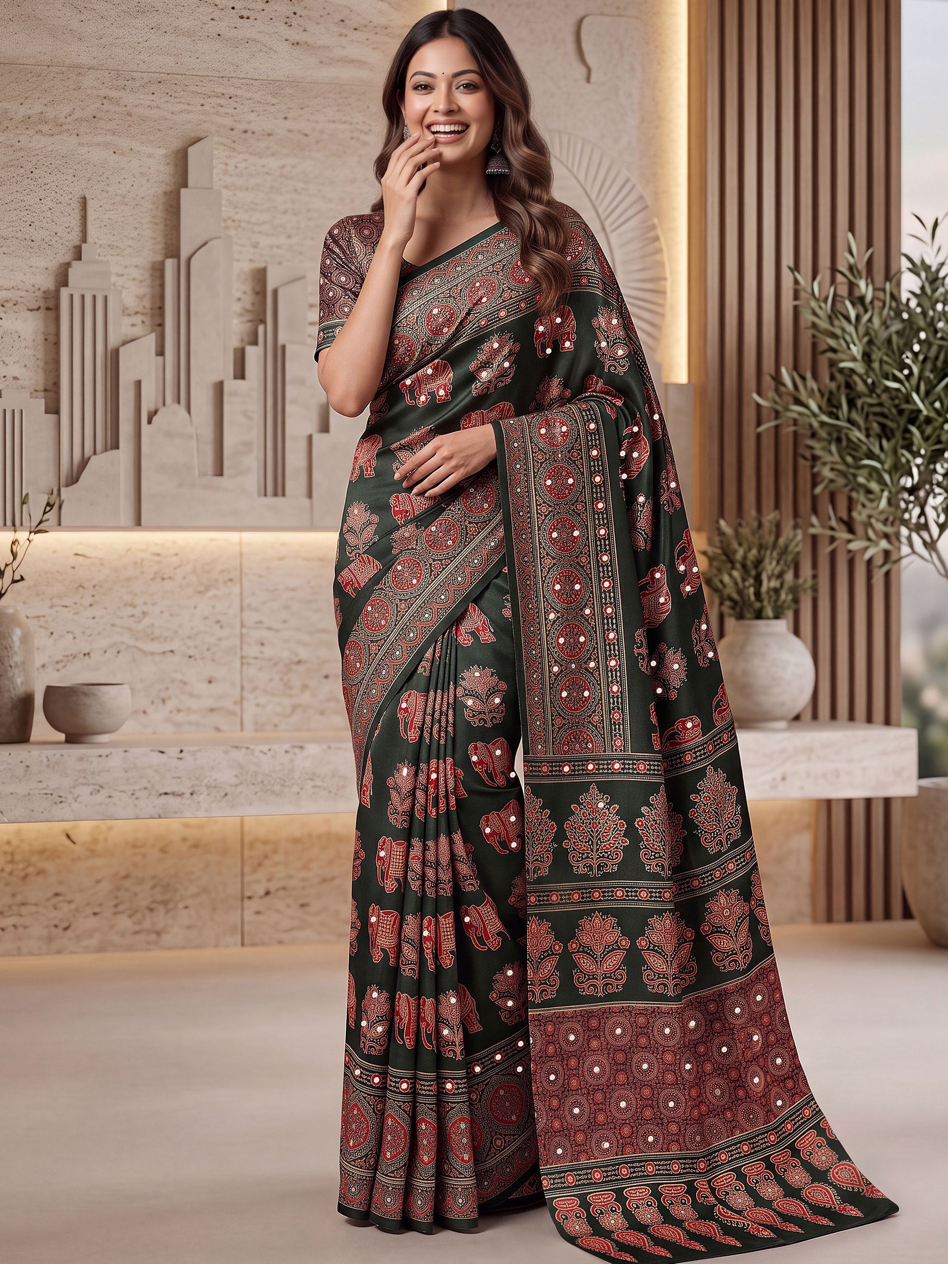 Wonderful Dark Green Ajrak Print Crepe Festive Wear Saree With Blouse