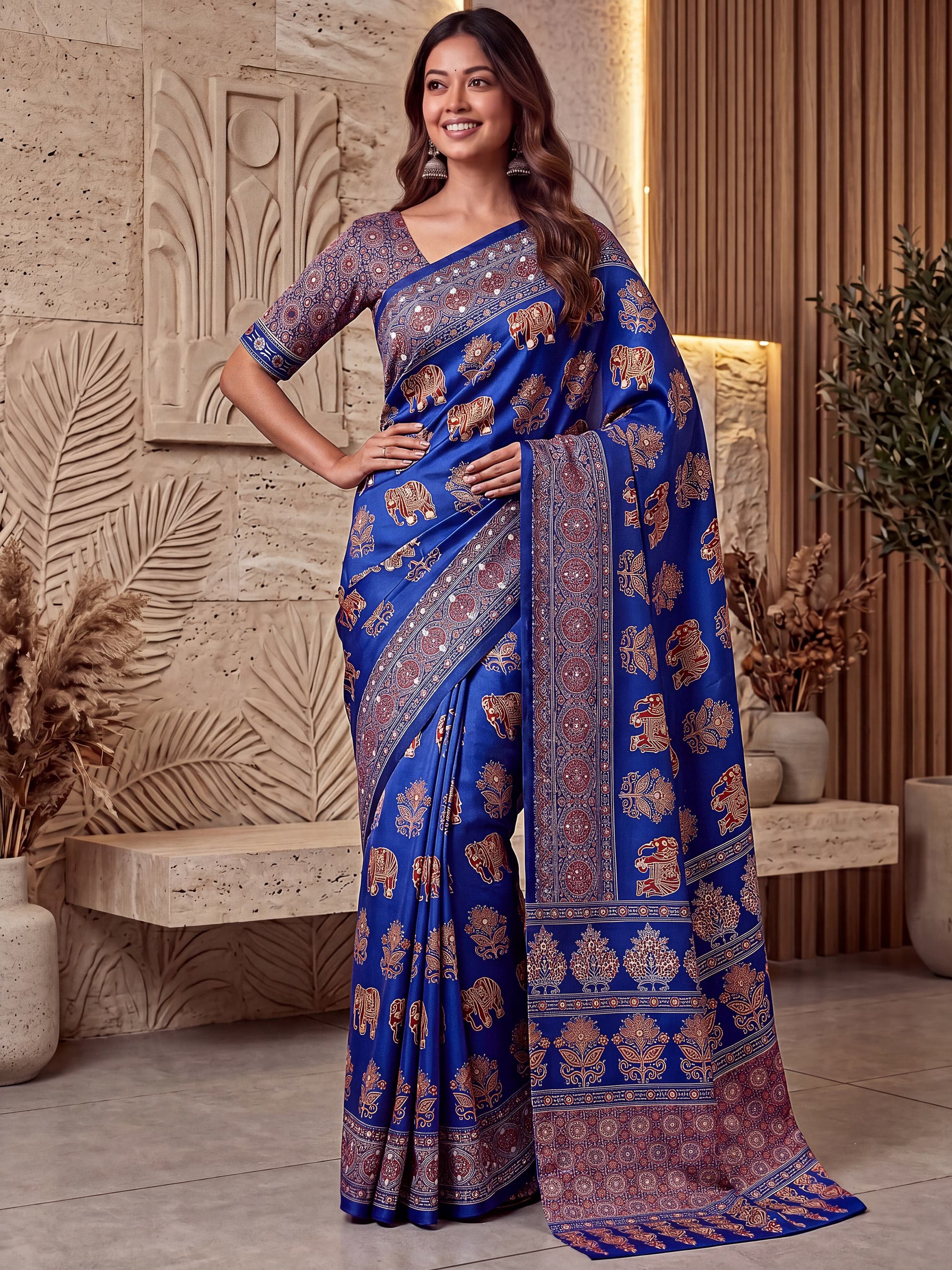 Gorgeous Blue Mirror Work Crepe Festival Wear Saree With Blouse