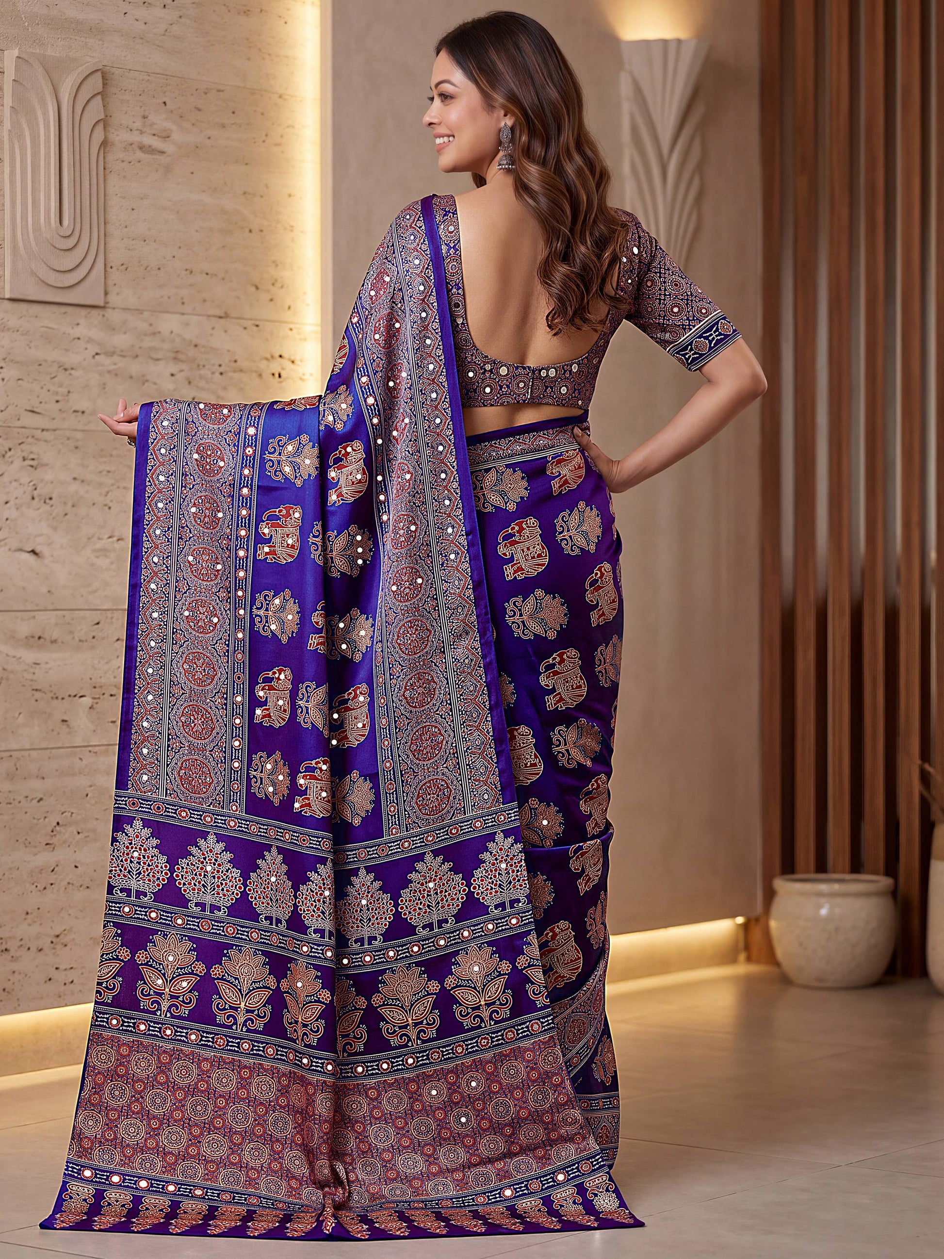Incredible Purple Ajrak Print Crepe Festival Wear Saree With Blouse