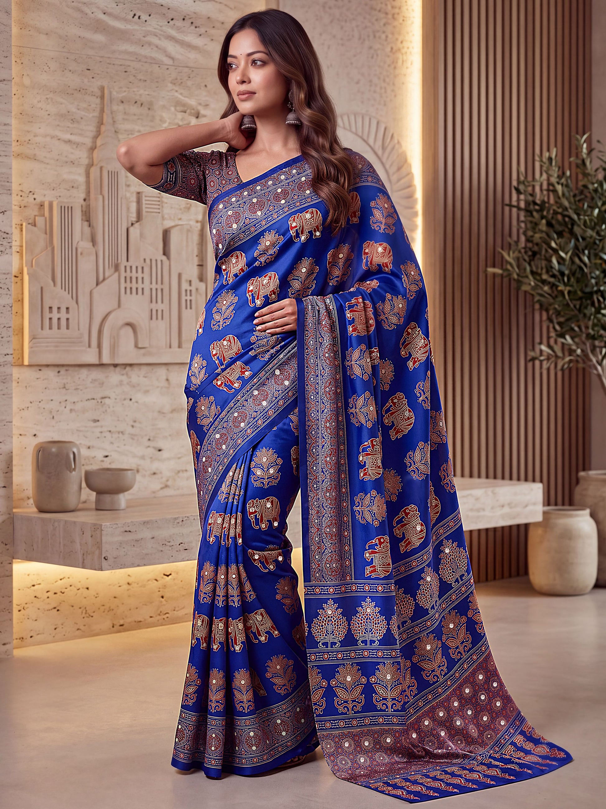 Gorgeous Blue Mirror Work Crepe Festival Wear Saree With Blouse